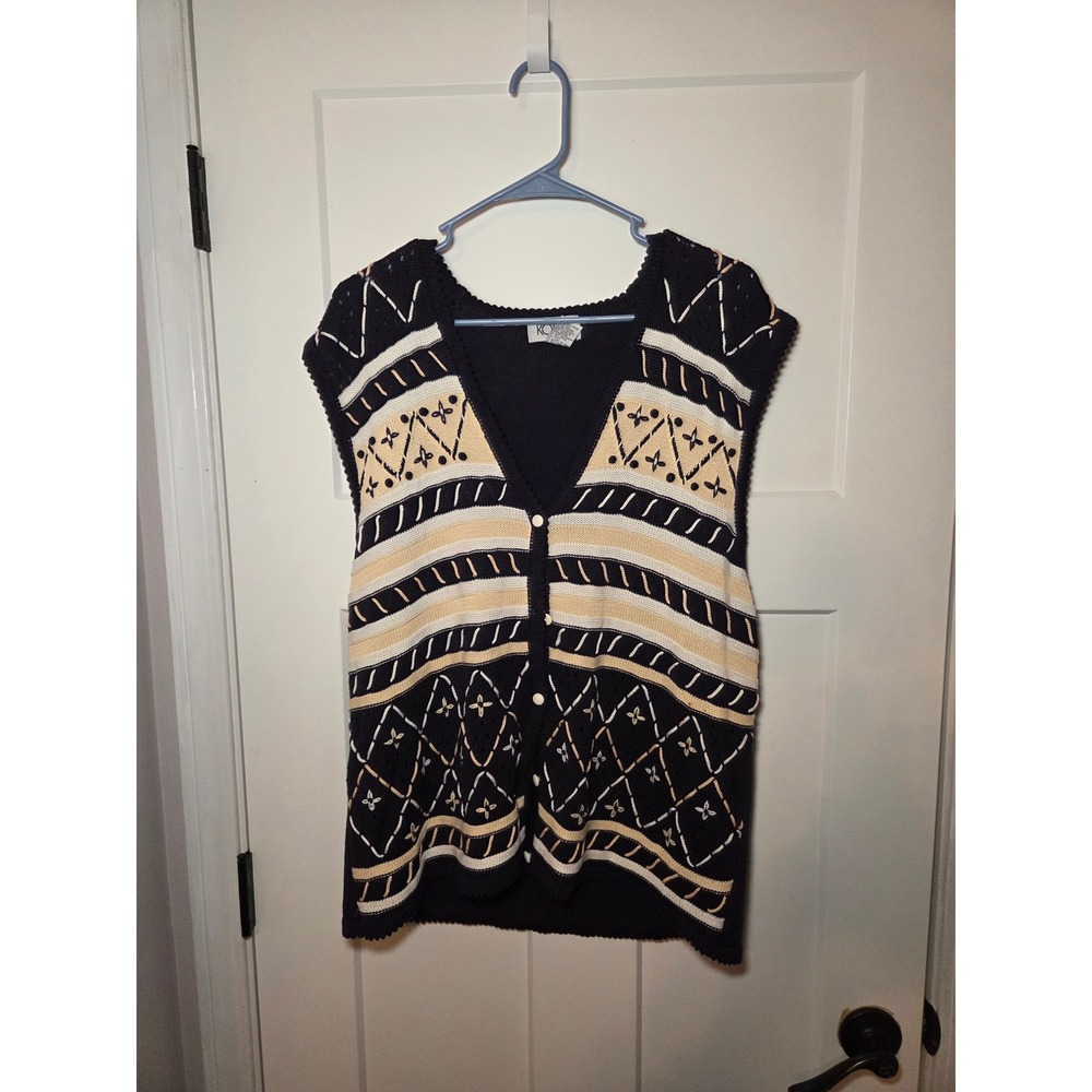 Koret Vintage Sweater Vest Navy Blue Patterned Button Front Cotton Blend Large